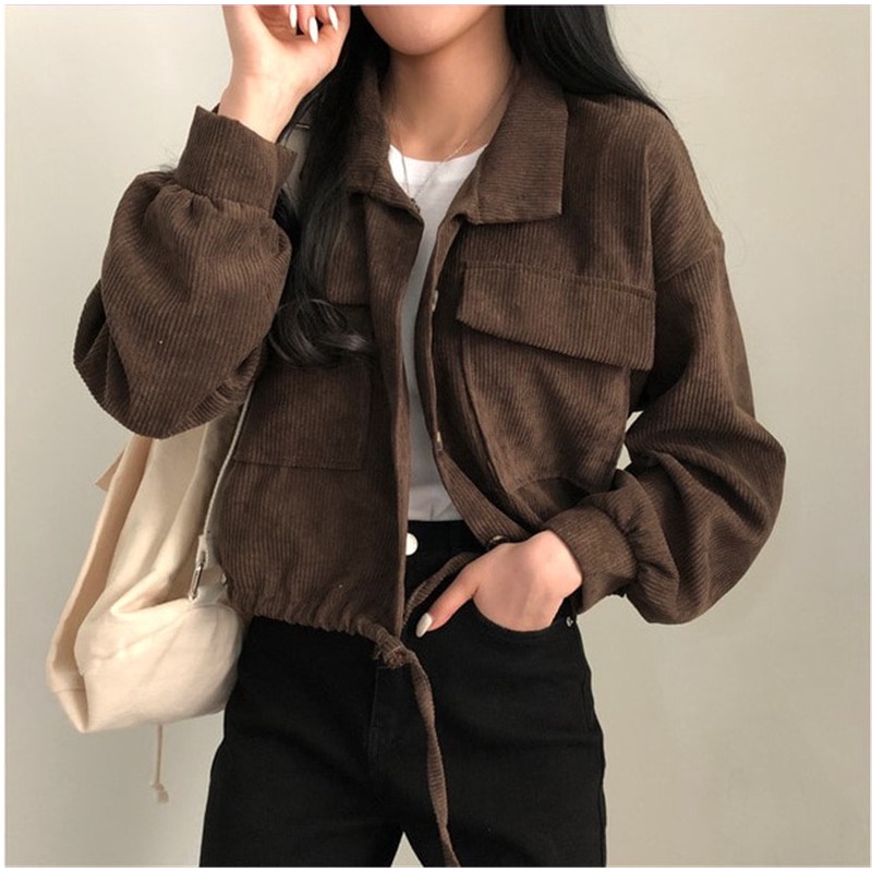 XIAOZHAINV Jaket Corduroy Wanita Korean Style Lengan Panjang Crop Top