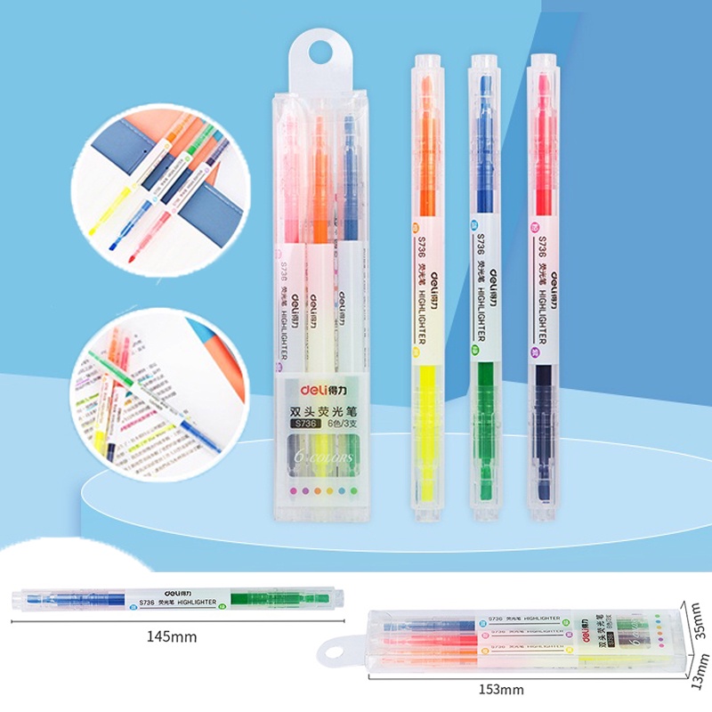 

[COD]3 Pcs / 6 Pcs Highlighter Ujung 2 Warna Pen Pulpen Stabilo 6 Warna-YES