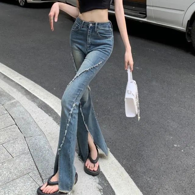 Suhao micro-flare versi Korea slim high-waisted wanita stretch micro-flare jeans celana panjang wanita all-match pelangsing kaki celana panjang trendi