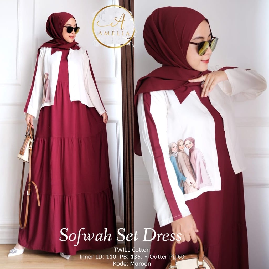 Baju Gamis Set Outer Sofwah Set Katun Rayon Dress Korea Setelan Wanita Kekinian Fashion Muslim One Set Jumbo Aplikasi Sablon