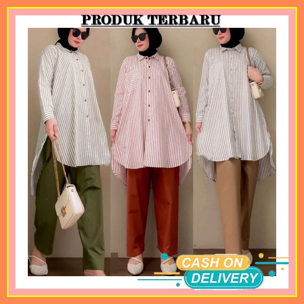 St Sweet Ro Stelan Sabrina Wanita Stelan Santai Kekinian Stelan Fashion Korea Set Tunik Celana / Set