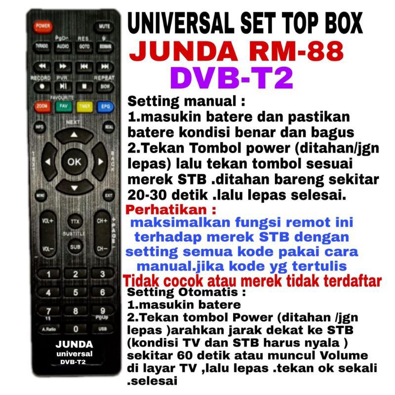 Remote Universal Remote Set Top Box DVB-T2 STB JUNDA RM-88 New Bisa pairing