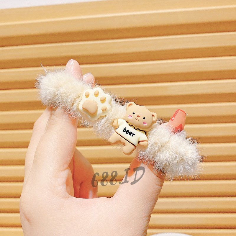 [688.id] Ikat Rambut Cokelat Bulu Halus Karakter Beruang Bunga Pita Fashion Lucu Wanita Korea Anak Perempuan Cewek KCR 13