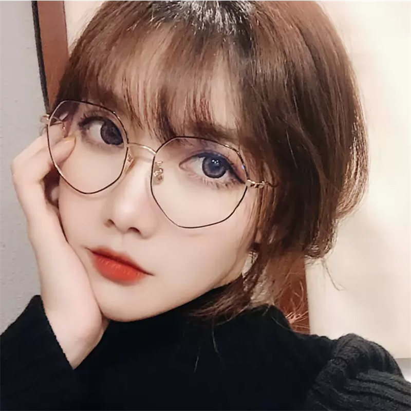 Papaozhu Chic Emas Logam Poligon Kacamata Untuk Wanita Perempuan Korea Cahaya Biru Blocking Lens Glasses Trendy Eyewear