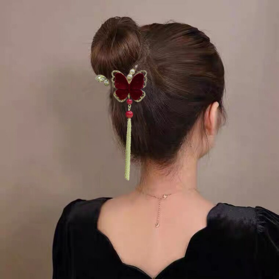 Jepit Rambut Bentuk Bunga Butterfly Bahan Alloy Aksen Mutiara Dan Berlian Imitasi Gaya Korea Untuk Wanita