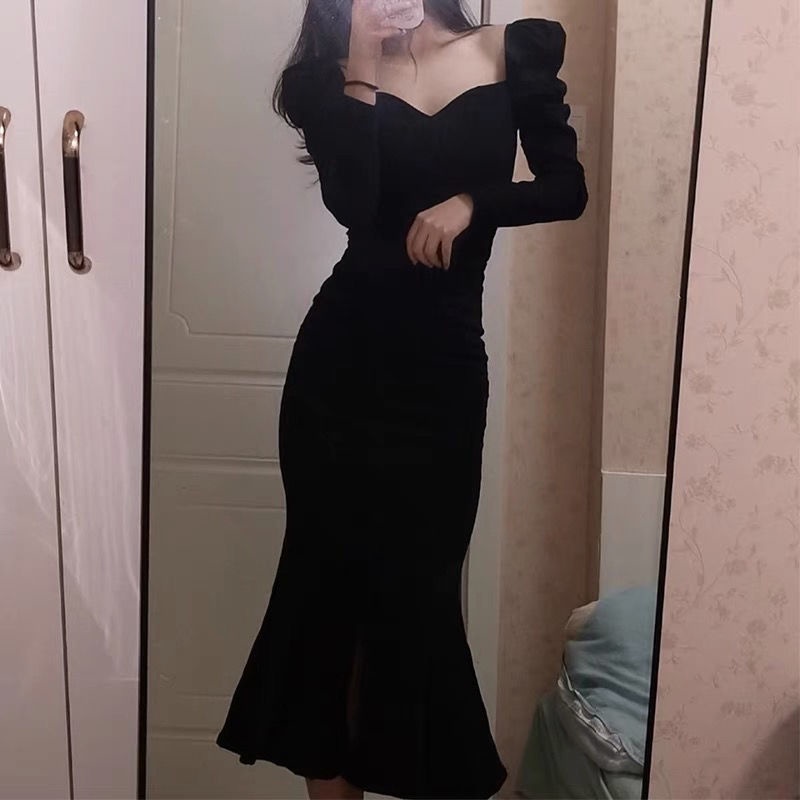 2022 French high-end design niche black dress women s light luxury chic high-end slim mermaid skirt