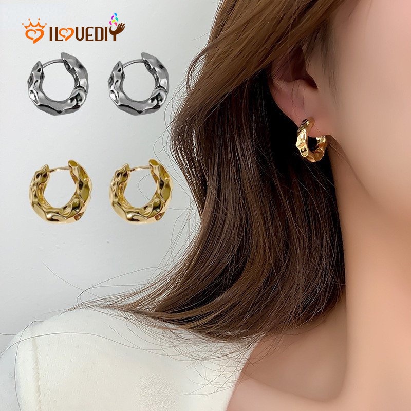 Anting Stud Bentuk Lingkaran Geometris Cekung Cembung Bahan Logam Gaya Vintage Untuk Wanita