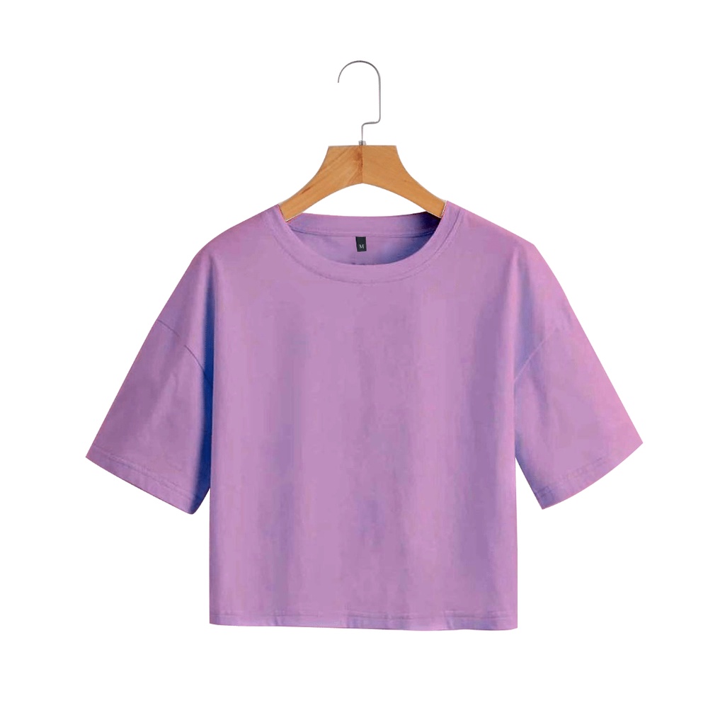 Basic Kaos Crop Top Wanita Dewasa Polos Lengan Pendek Cotton