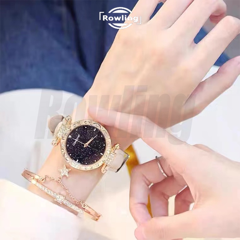 Rowling (Jam-78)  Jam Tangan Wanita Bulat Bunga Shangmei Jam Tangan Wanita Quartz dengan Strap kulit Sintetis Import TANPA ACCESORIS