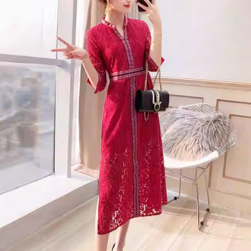 MDLV ~ 0992# CNY Azaleas Lace Midi Dress Imlek Sincia