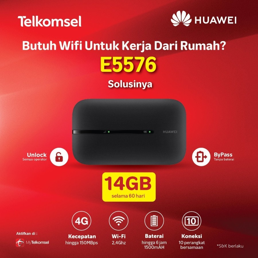 Mifi Router Modem Wifi 4G Huawei E5576 Telkomsel Unlocked Free 14Gb - Hitam