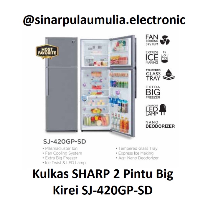 Sharp Kulkas 2 Pintu 338 Liter Plasmacluster - SJ 420GP SD / SJ 420 GP SD / SJ-420GP-SD / SJ 420GPSD /SJ420GP SD
