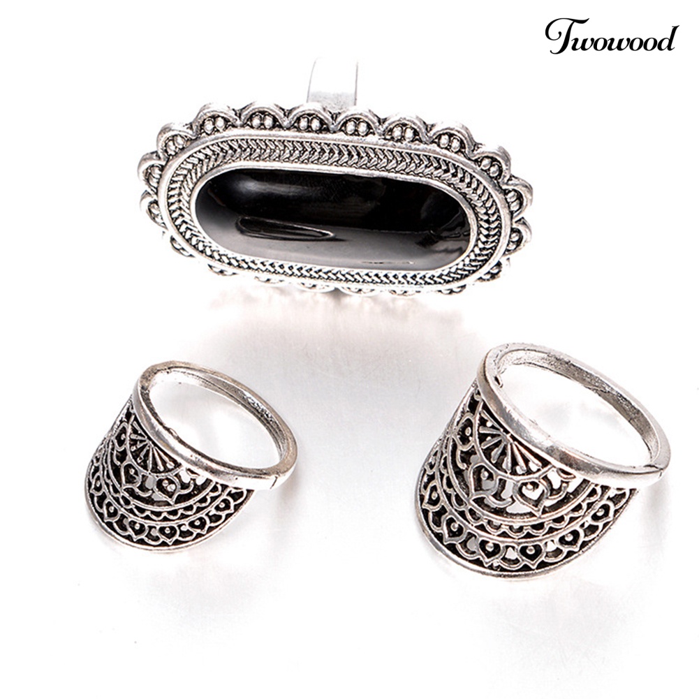 3pcs / Set Cincin Jari Wanita Model Hollow Out Aksen Berlian Imitasi Gaya Vintage Untuk Pesta