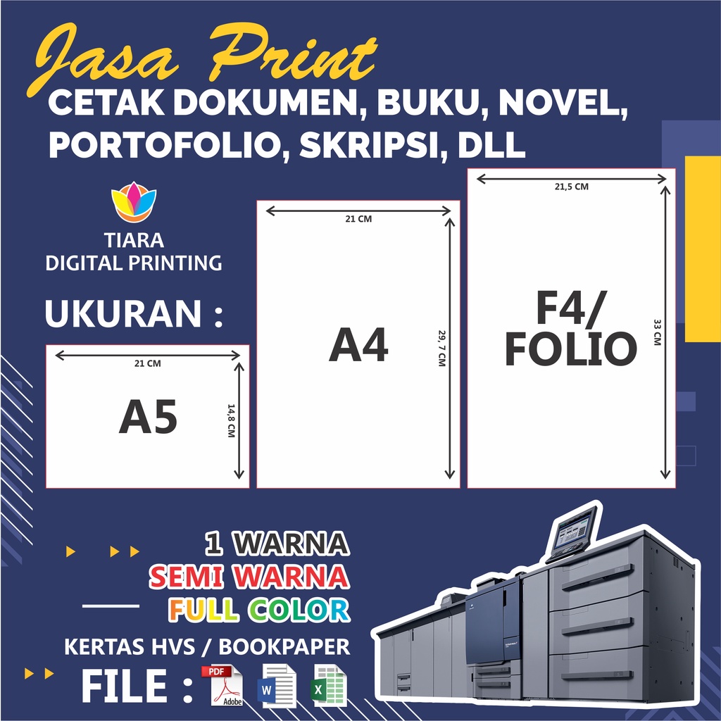 Cetak Buku Kertas HVS/Bookpaper Ukuran A5/A4/F4