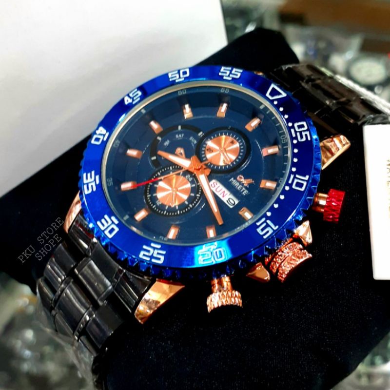 Jam Tangan Pria Mirete Blue Rosgold Tanggal Dan Hari Aktif | Jam Tangan Kasual Pria Import Realpick Quart Analog Mewah Elegan | Jam Tangan Cowok Anti Air Realpic Strap Rantai Stainles Steel Jam Tangan Cowok Water Resistant Jam Tangan Cowok Mirete Original