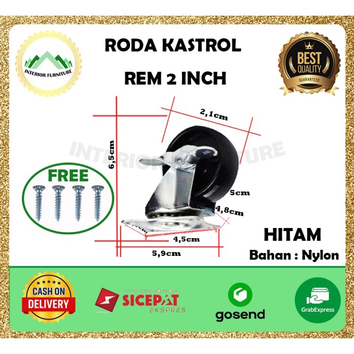 Roda Roda Troli 2 Inch (Putar + Rem), Roda Kastor Pvc Nylon (Hidup + Rem).