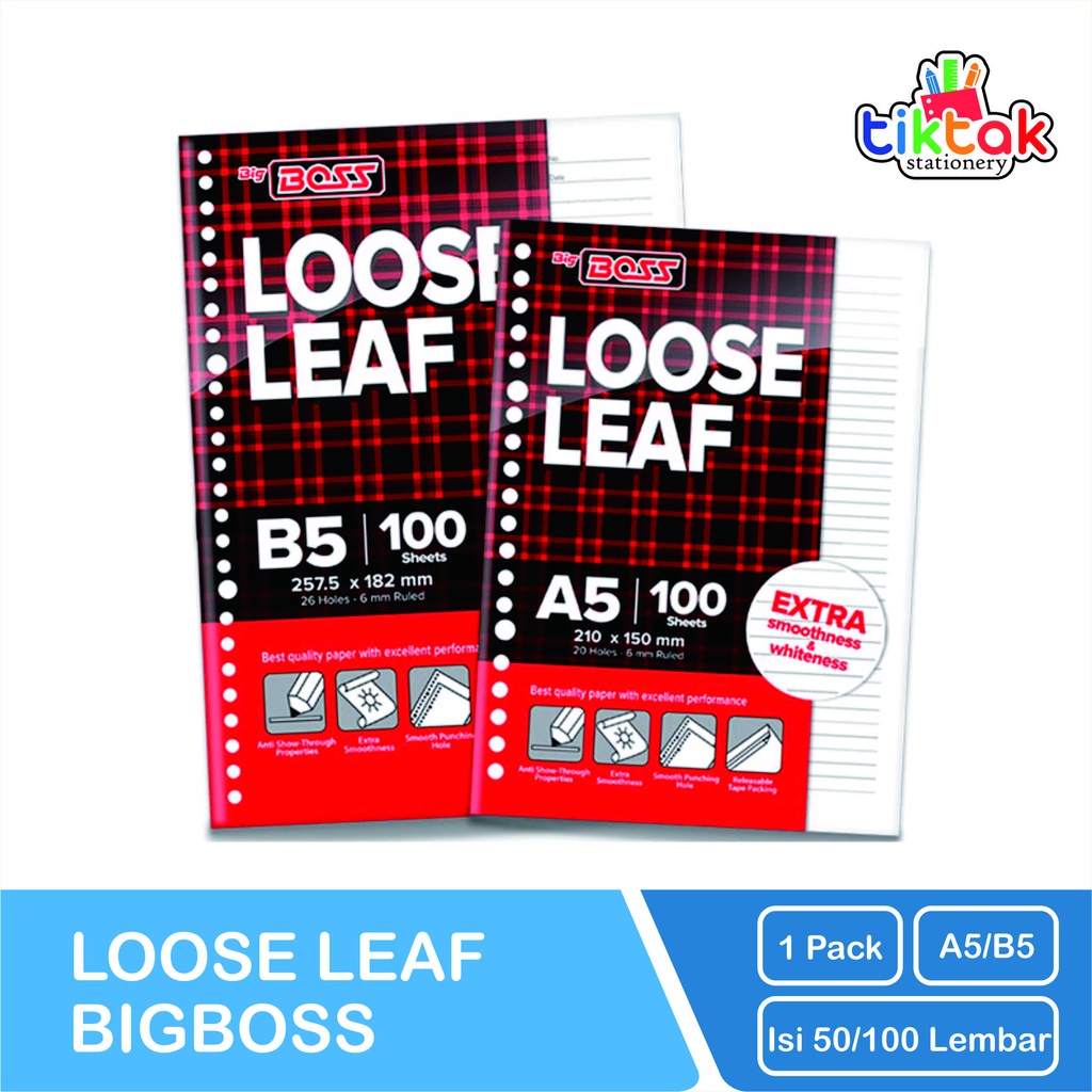

Loose Leaf Big Boss B5 26 Holes dan A5 20 Holes bergaris isi 50 Lembar