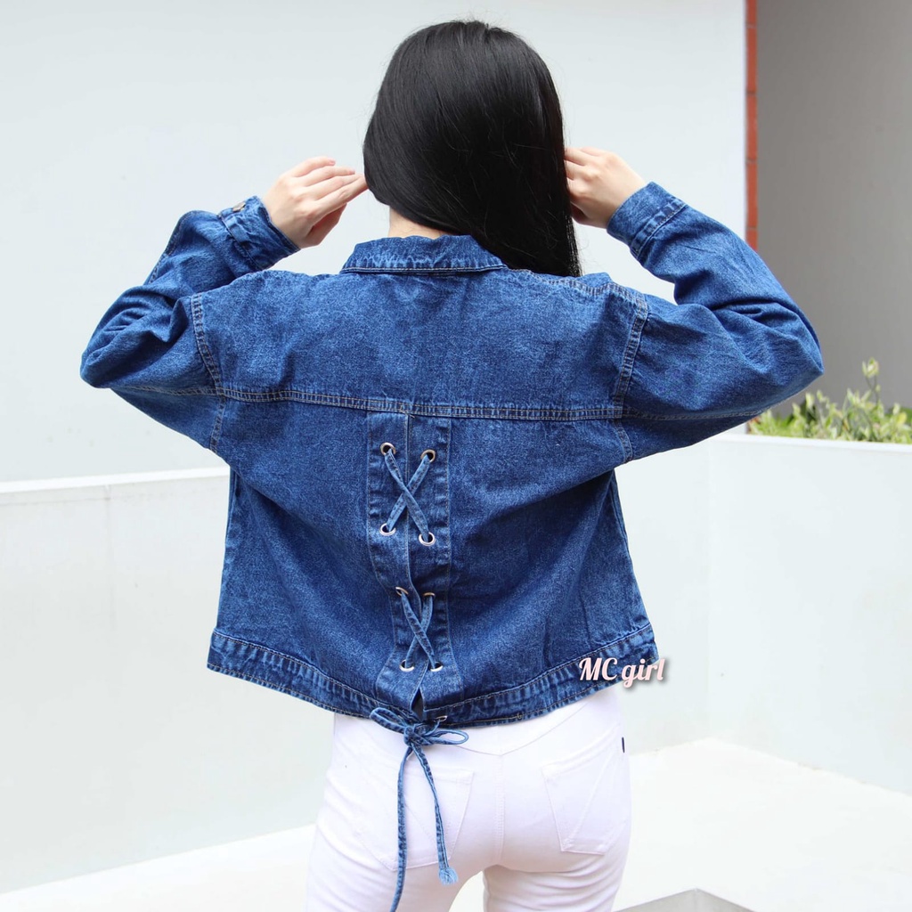 MC girl - Jaket Jeans Snowblue Pita Silang Belakang Wanita / Jacket Denim Snow Biru Pita Tali Belakang Cewek