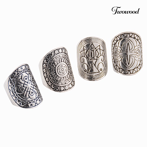 4pcs / Set Cincin Midi Lapis Silver Motif Ukir Totem Gaya Bohemian Vintage Etnik