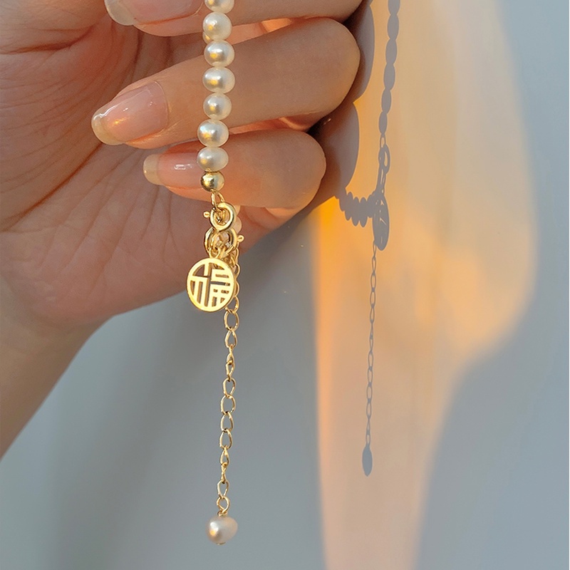 Gelang Manik-Manik Mutiara Keberuntungan Model Hollow out Fu Gaya Retro Adjustable Untuk Wanita