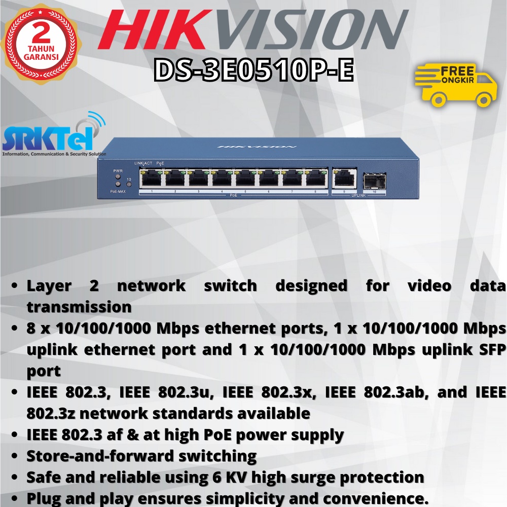 Hikvision DS-3E0510P-E Switch POE 8-Port Gigabit Unmanaged 1Gbps