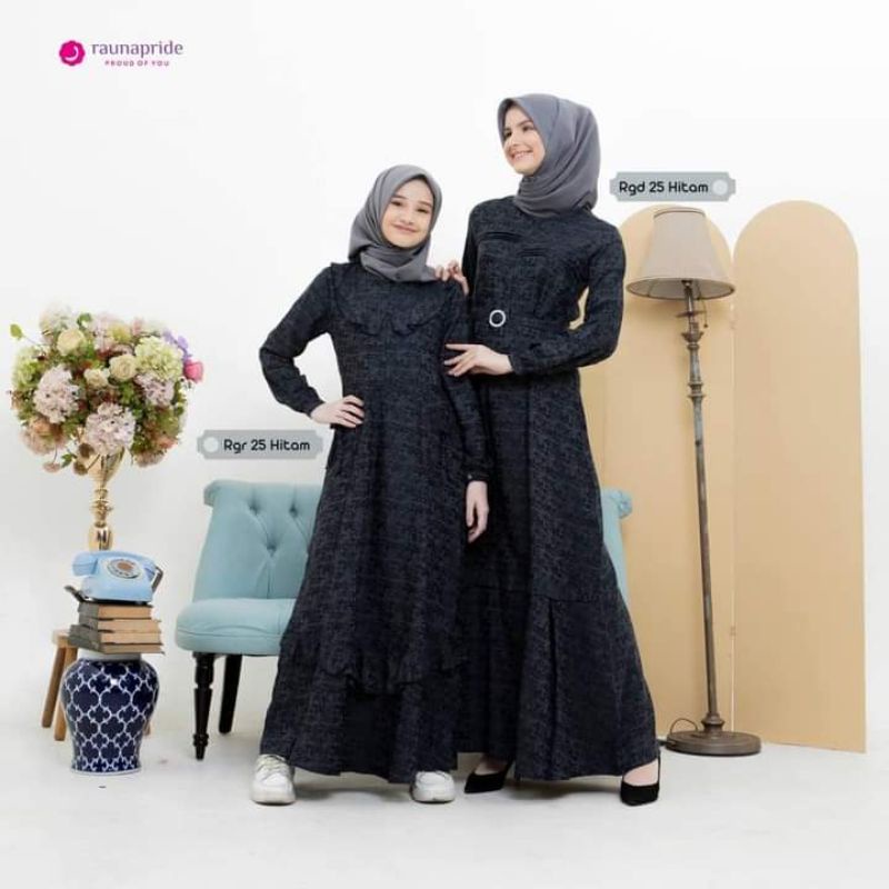 Terlaris || Gamis couple rauna Rgr 25 Rgd 25 Hitam-putih || black-white