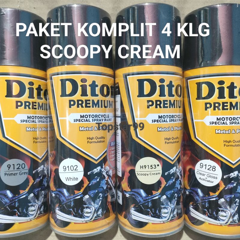 Pilok Cat Diton Premium Paket Komplit 4 Kaleng Scoopy Cream 9153 Primer Grey 9120 White 9102 Clear Gloss 9128 400cc Pilox Paketan Cat Semprot Special Spray Paint