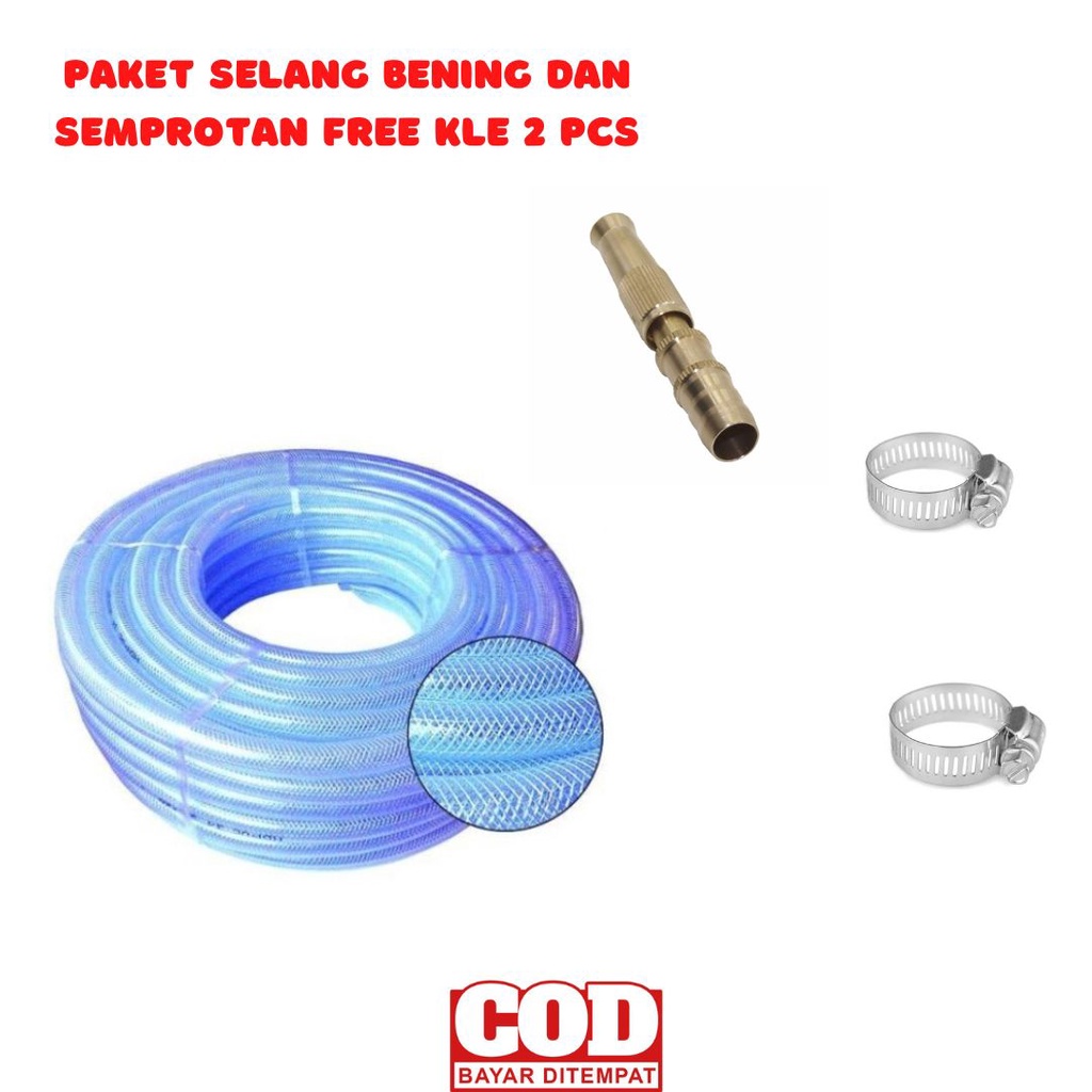 Set Selang Semprotan Lurus Kuningan + Selang Bening Serat Benang Ukuran 1/2 Inch