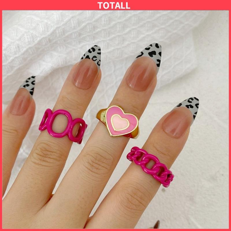 COD 3PCS Heart Geometry Rings Cincin Geometri Jantung Cincin Mode Menetes Minyak yang Dapat Disesuaikan untuk Aksesoris Perhiasan Wanita-Totall