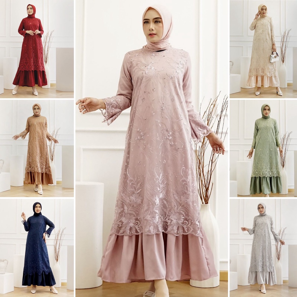 Gamis Pramitha SIZE S M L XL XXL XXXL JUMBO BIGSIZE/ MAXI Brokat Tile  Glitter Maxi Dress Gamis Pesta Lebaran Kondangan Tille Premium