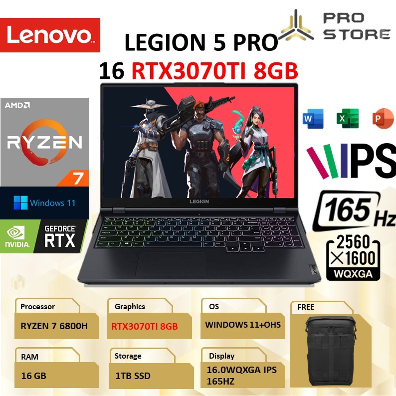 LAPTOP GAMING LENOVO LEGION 5 PRO 16 RTX3070TI 8GB WQXGA IPS 165HZ RYZEN 7 6800H RAM 16GB 1TB SSD W11
