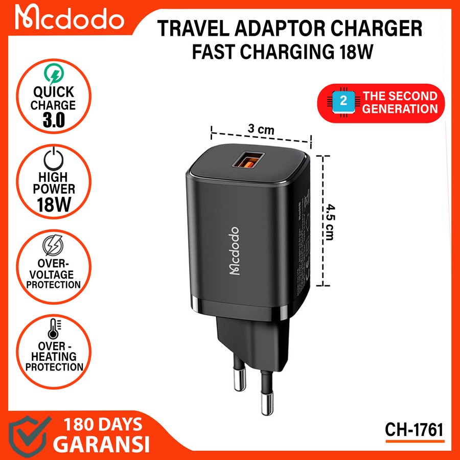 MCDODO QUICK CHARGER ADAPTOR 18W 2nd Gen USB A Port
