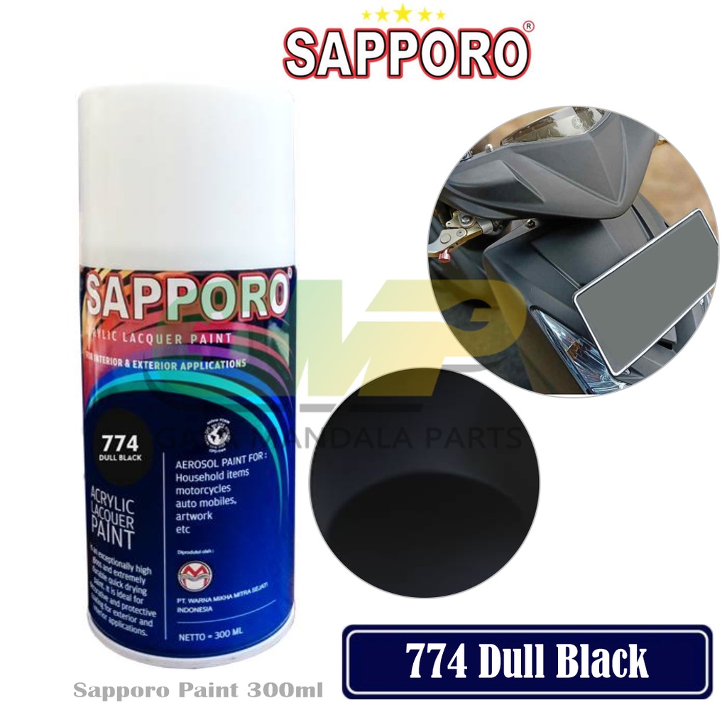 SAPPORO Dull Black 774 Cat Semprot Aerosol Paint Spray Pilox Hitam Doff