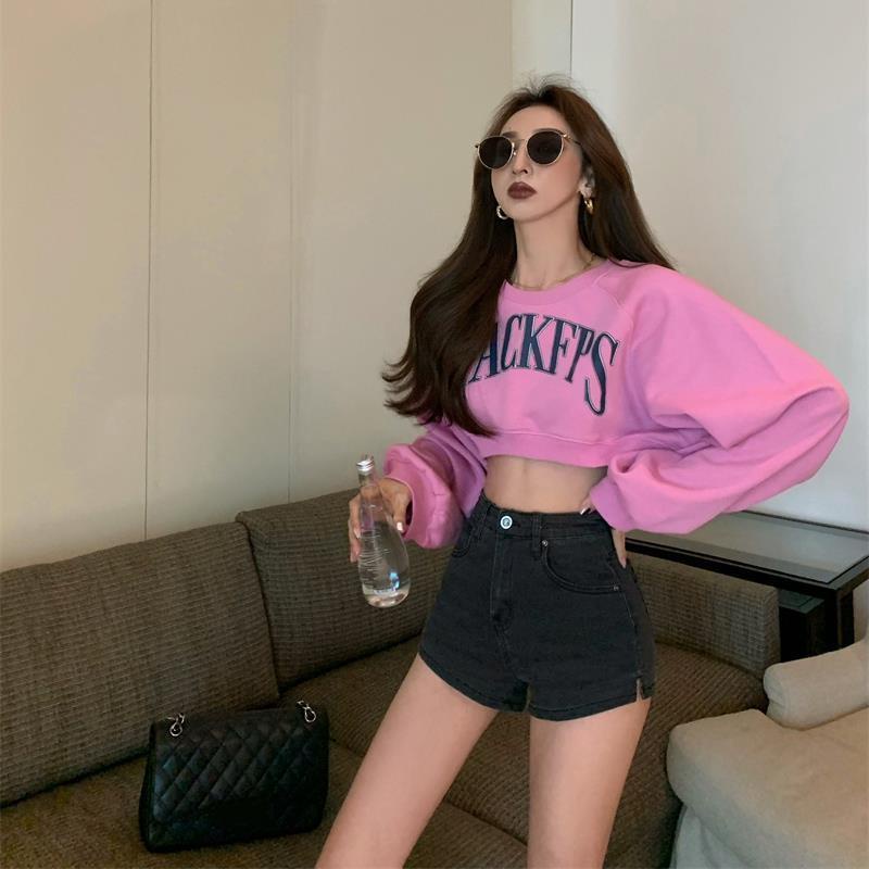 Suhao hot girl ins sweater pendek wanita 22 musim semi desain rasa niche bagian tipis terkena pusar goreng street jazz dance high waist top