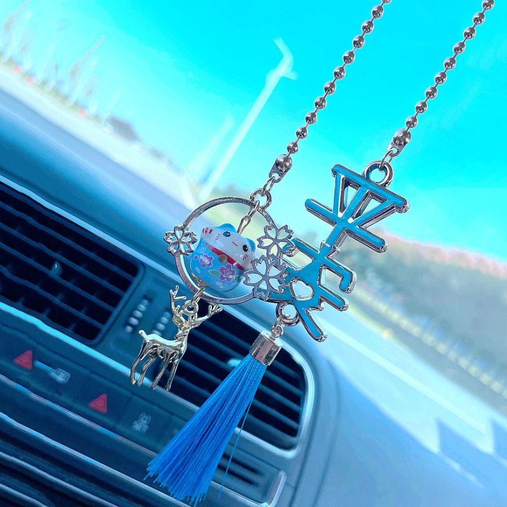 Augustina Rejeki Kucing Mobil Liontin Kartun Kualitas Tinggi Gadis Aksesoris Mobil Kucing Bell Liontin Lucky Cat Gantung Ornamen Spion Mobil Buatan Tangan Keramik Kucing Ornamen