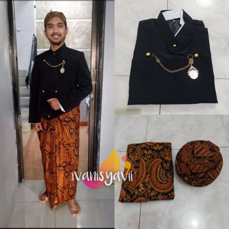 Set Baju Adat Jawa Cowok / Baju Manggolo | Nuansa Solo Hitam | Motif Semen Romo 01