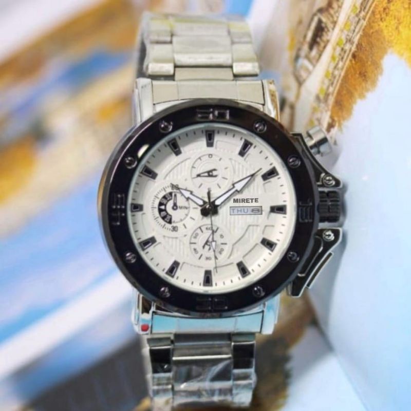 Jam Tangan Pria Rantai Stainlees Steel Mirete Original Water Resistant Fitur Tanggal Dan Hari Aktif Free Box Dan Batrai Cadangan Jam Tangan Kasual Pria Warna Silver, Hitam Hitam Rosgold Jam Tangan Kasual Pria Water Resistance Quart Analog Mewah Elegan