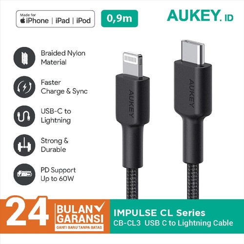 Kabel Charger Aukey CB-CL3 Black USB C to Lightning 0.9 meter - 500820