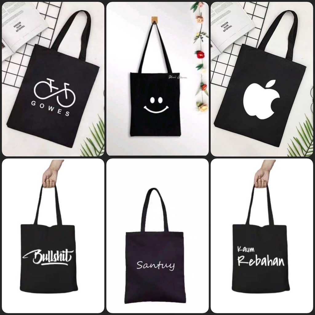 Y1405 - Tas tote bag hitam pria/wanita pakai [PEREKAT] motif chimmy