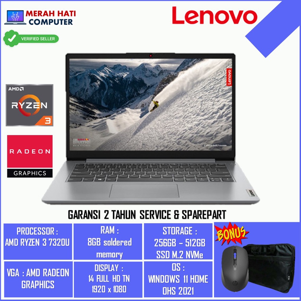 Laptop Gaming Baru Lenovo ideapad Slim 14 Amd Ryzen 7320U Ram 8GB Ssd 512GB Radeon Windows 11 Original