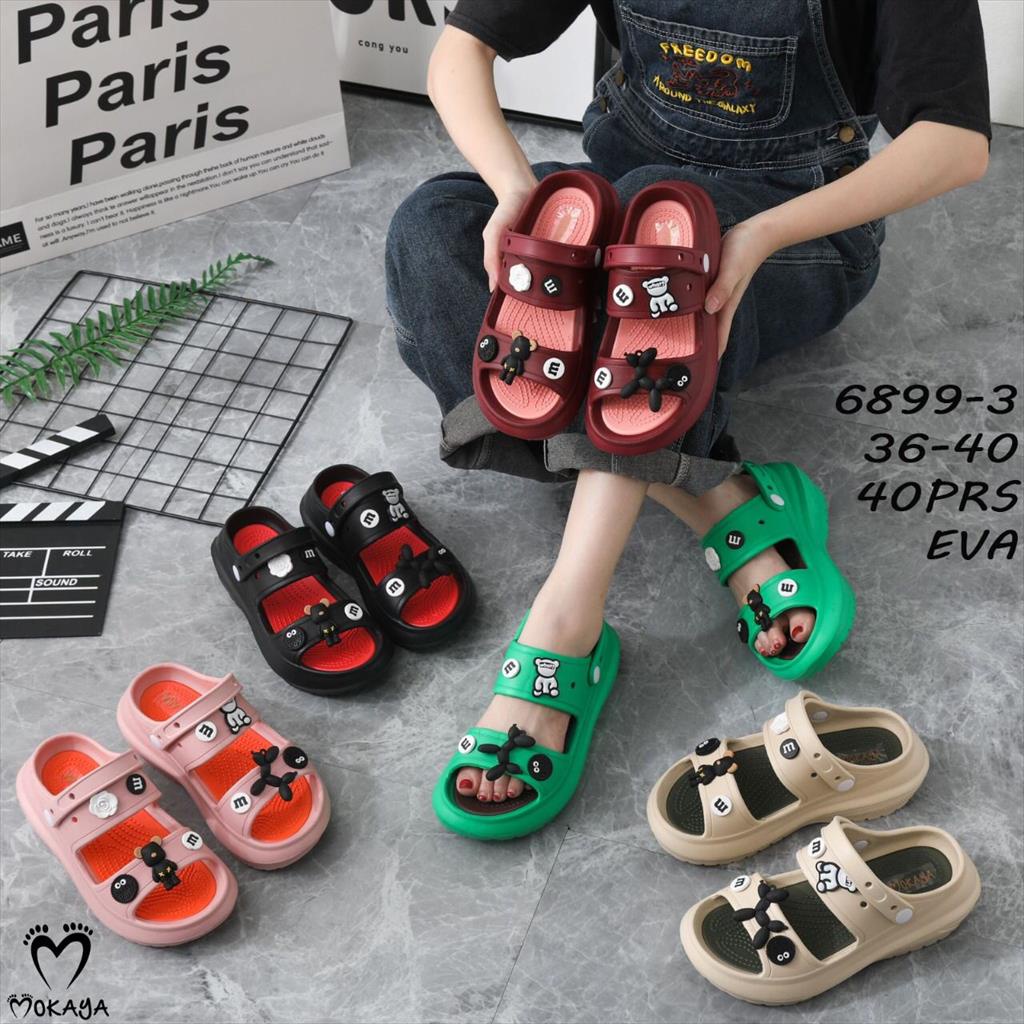 Sandal Wedges Eva Wanita Ban 2 Mainan Jibbitz Motif Black Bear Dog Super Cantik Keren Lucu Trendy Import Mokaya / Size 36-40 (6899-3)