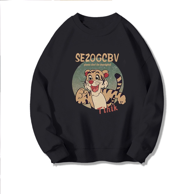 sweater cewek kekinian korean style cartoon big tiger graphic printing sweater hitam import lengan panjang basic sweater crewneck