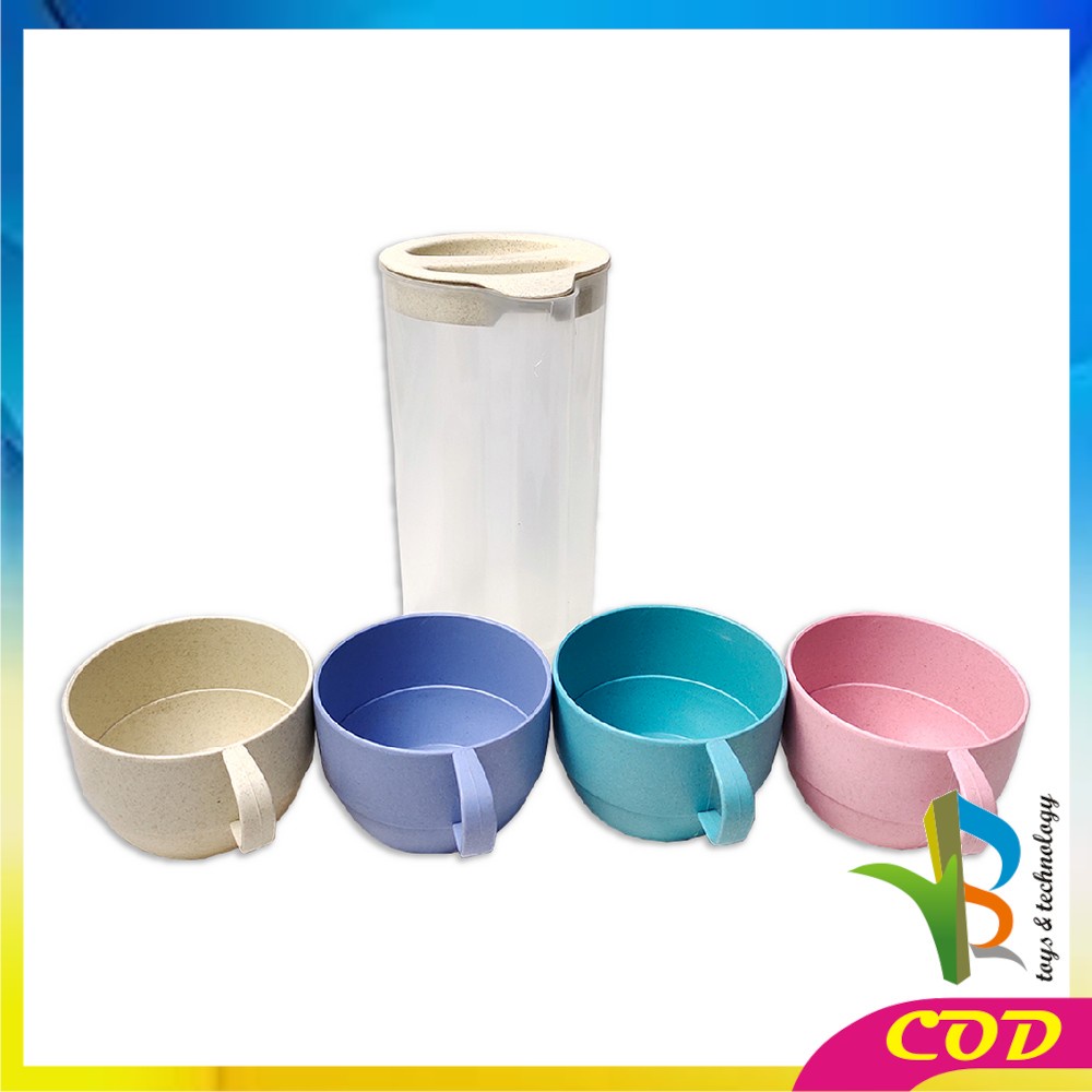 RB-C457 Teko Air Set Cangkir Gelas Wadah Plastik 4IN1 Ceret Air Dingin Wheat Straw Food Grade BPA Free