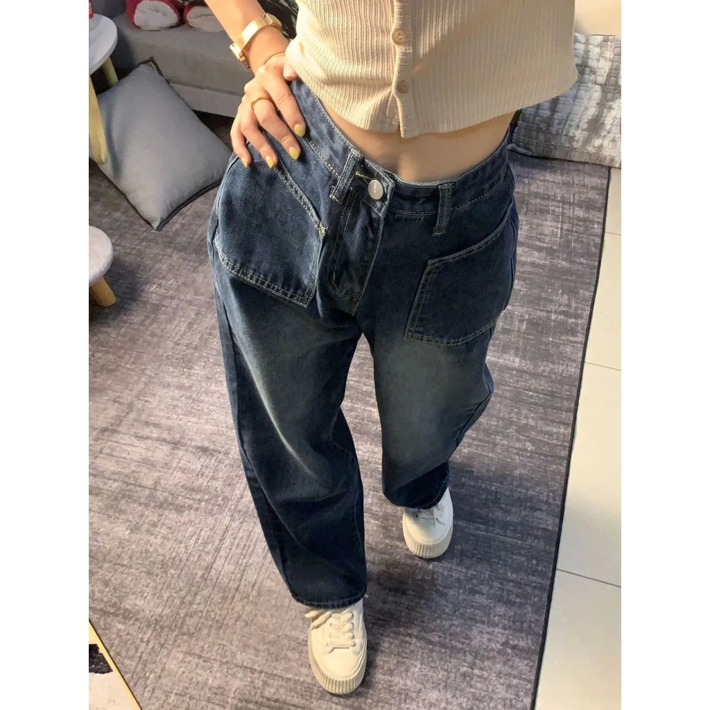 Suhao American Retro Pinggang Tinggi Jeans Wanita Musim Gugur Baru Lurus Longgar Pelangsing Drape Mengepel Lebar Kaki Celana Panjang trendi