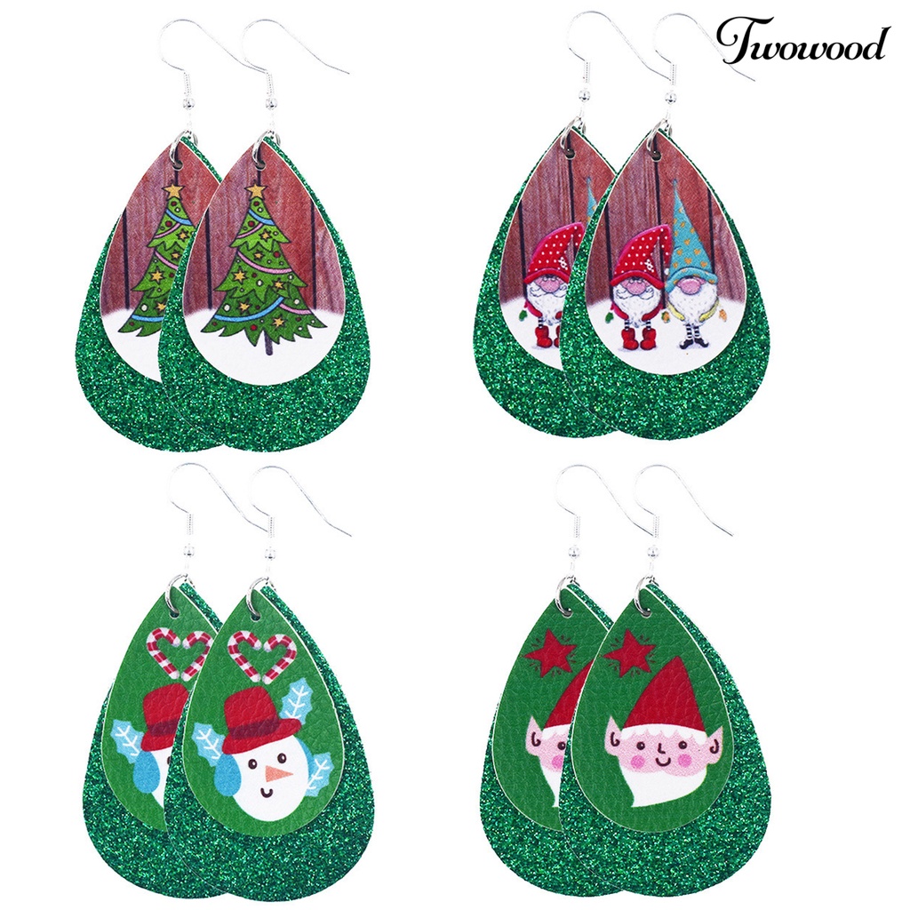 Anting Kait Desain Santa Claus Snowman Elk Bahan Kulit Imitasi Untuk Wanita