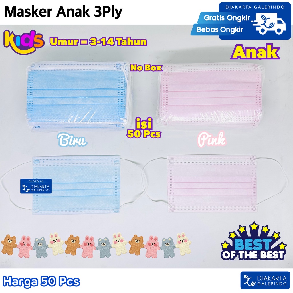 Masker Anak 3Ply Motif Headloop &amp; Earloop isi 50 Pcs
