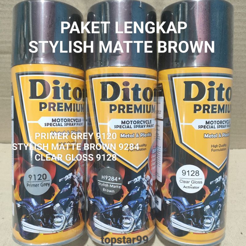 Pilok Cat Diton Premium Paket Lengkap 3 Kaleng Stylish Matte Brown 9284 Coklat Doff Primer Grey 9120 Clear Gloss 9128 400cc Pilok Paketan Cat Semprot Special Spray Paint