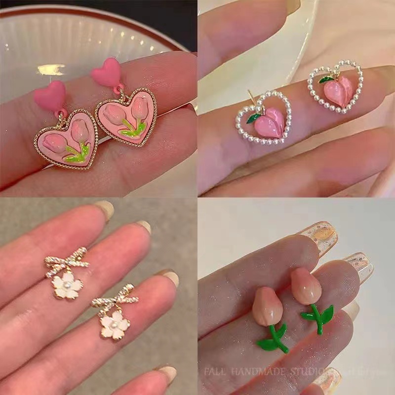 IFYOU Anting Stud Bentuk Hati Tulip Camellia Aksen Mutiara Gaya Vintage Untuk Wanita