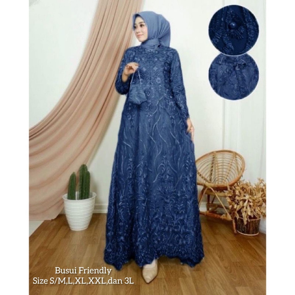 Lesya (New Product)Maxi Dress Brukat Tile Premium Full Depan Belakang /Gamis Pesta Kondangan/Free Masker+Tali Obi / Sleting Depan Busui  Friendly/Seragam Bridesmaid Brokat Mewah