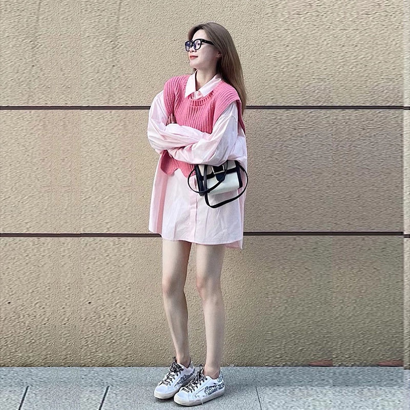 2022 new early autumn high-end Korean top light mature pink long-sleeved loose vest shirt two-piece